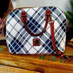 Authentic Dooney and Bourke Navy plaid leather satchel.